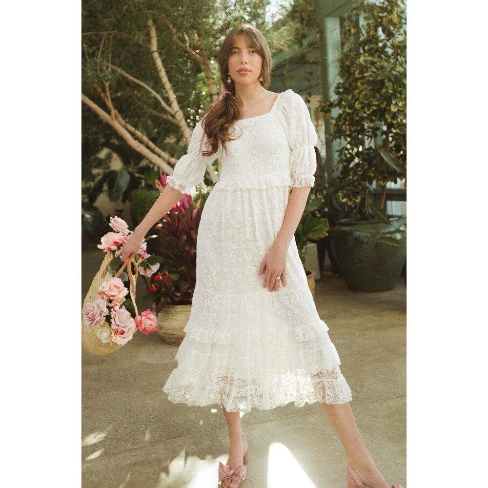 Ivy City Co Women's Snow Midi Dress White Lined Lace Flutter Sleeve Prairie